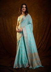 Charming Seafoam Blue Linen Cotton Silk Saree